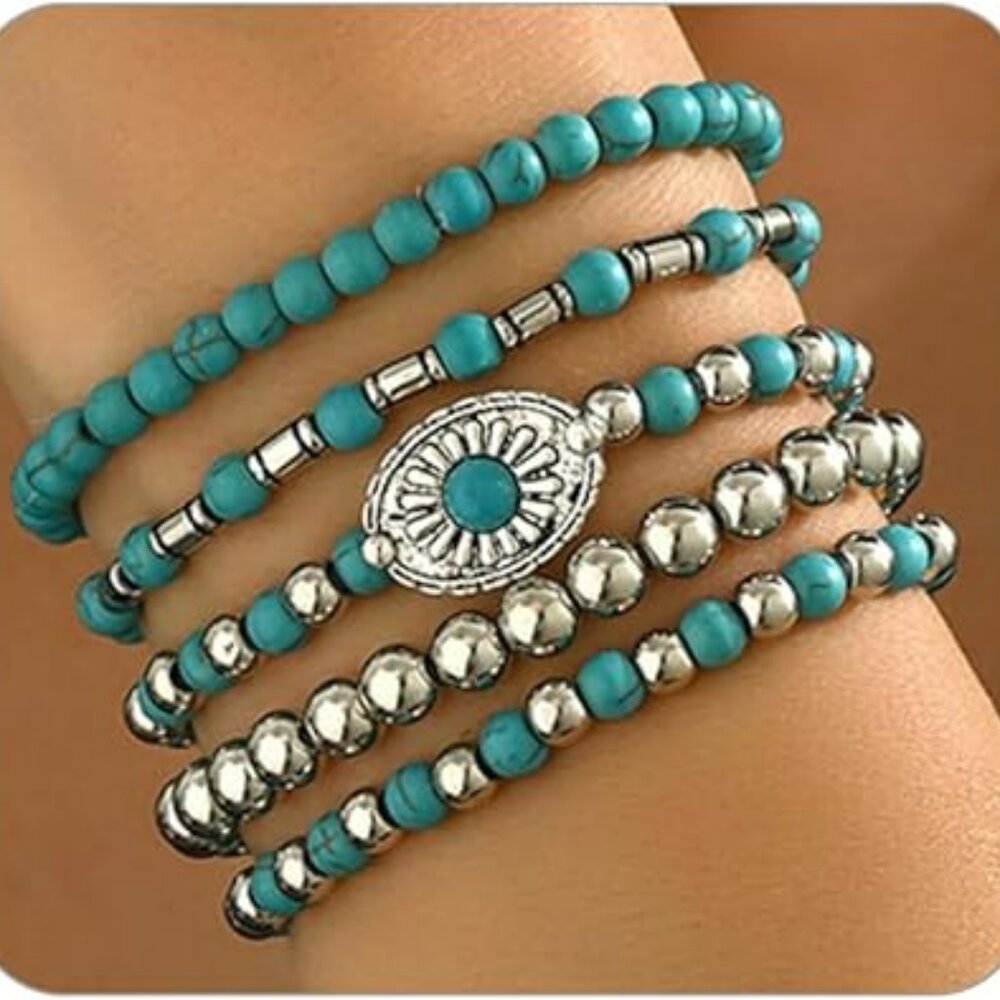 Womens Western Bracelet Boho‎ Turquoise Beaded Stackable Elastic Bracelets Set